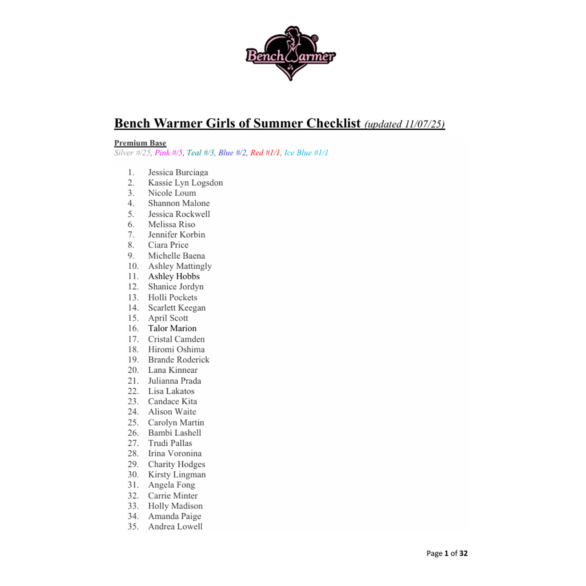 Girls of Summer Checklist